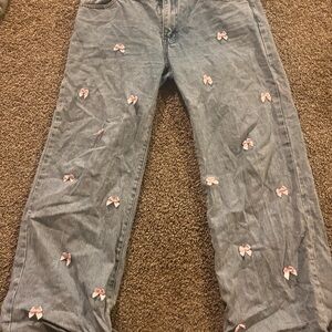 Gray Jeans with Pink Bow Accents